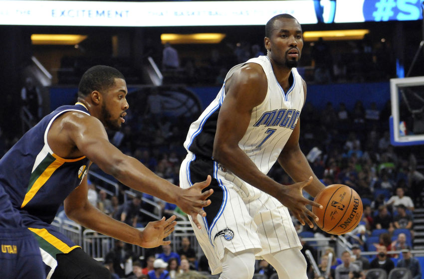 Nov 11, 2016; Orlando, FL, USA;Orlando Magic forward Serge Ibaka (7) drives to the basket as Utah Jazz forward Derrick Favors (15) defends during the first quarter at Amway Center. Mandatory Credit: Kim Klement-USA TODAY Sports