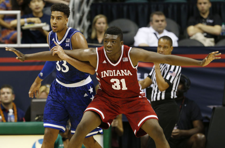 Nov 11, 2016; Honolulu, HI, USA; Indiana Hoosiers center Thomas Bryant (31) guards Kansas Jayhawks center Landen Lucas (33) at the Stan Sheriff Center. Mandatory Credit: Brian Spurlock-USA TODAY Sports