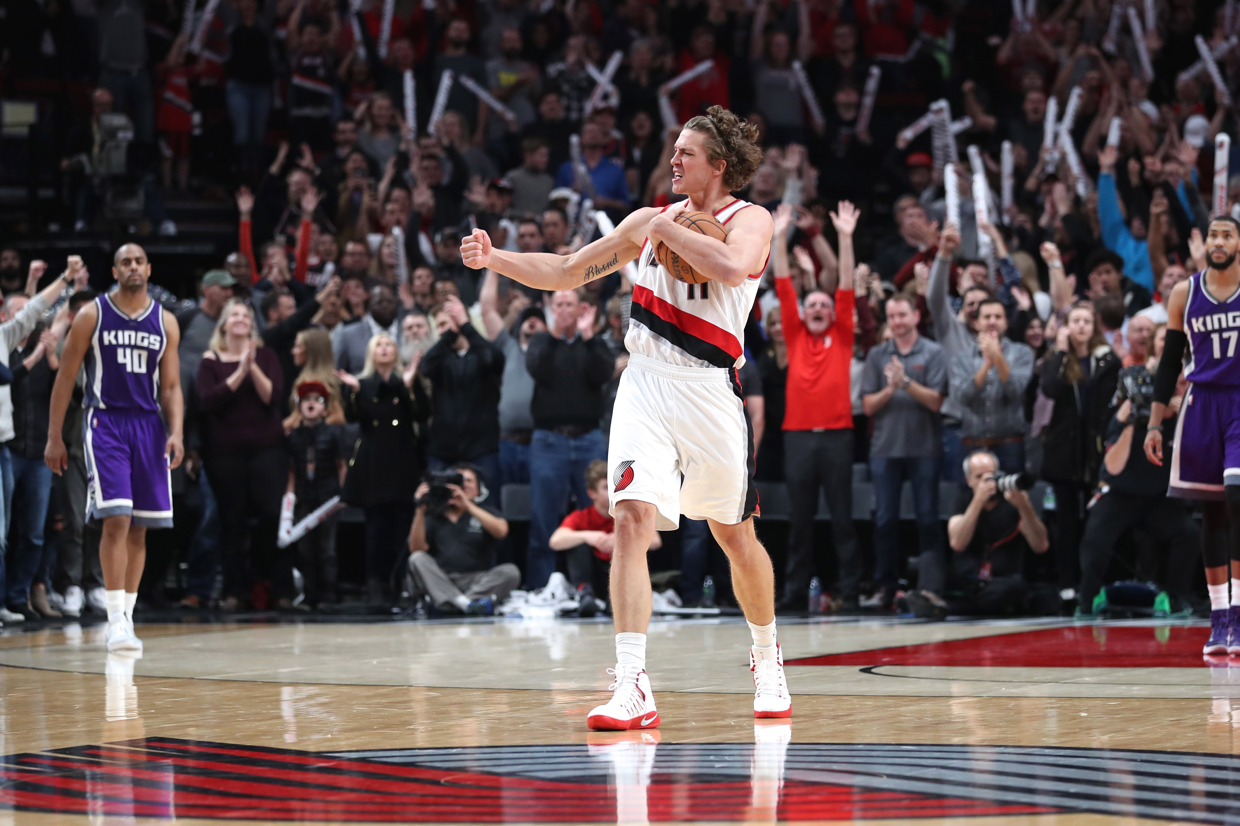 Nov 11, 2016; Portland, OR, USA; Portland Trail Blazers forward Meyers Leonard (11) celebrates Portland's 122-120 win over Sacramento Kings in overtime at Moda Center at the Rose Quarter. Mandatory Credit: Jaime Valdez-USA TODAY Sports