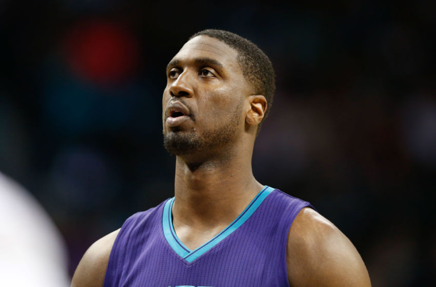 Nov 11, 2016; Charlotte, NC, USA; Charlotte Hornets center Roy Hibbert (55) stands on the court in the game against the Toronto Raptors at Spectrum Center. Mandatory Credit: Jeremy Brevard-USA TODAY Sports