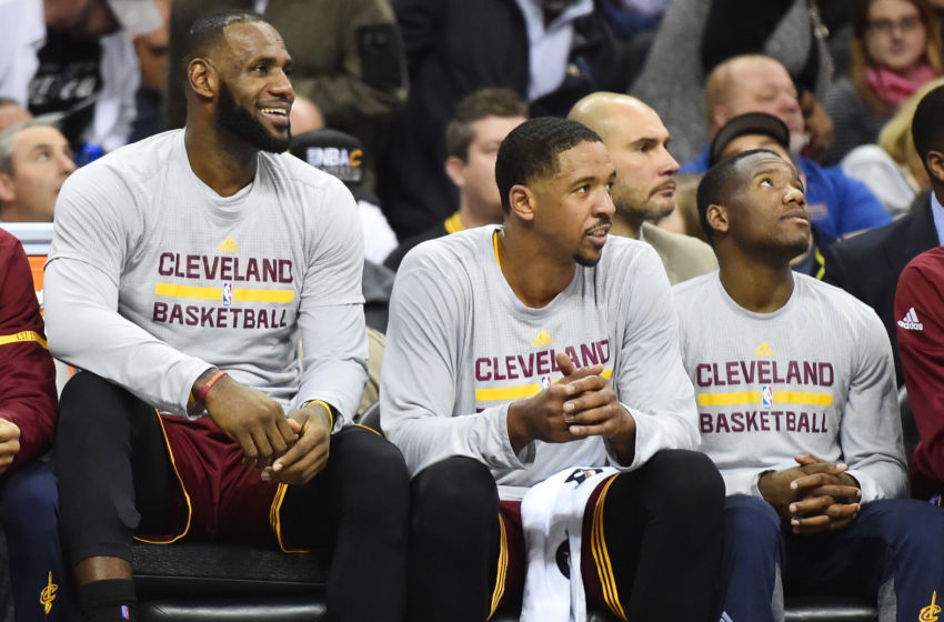 Nov 15, 2016; Cleveland, OH, USA; Cleveland Cavaliers forward LeBron James (23) and forward Channing Frye (8) and guard Kay Felder (20) during the second quarter at Quicken Loans Arena. Mandatory Credit: Ken Blaze-USA TODAY Sports
