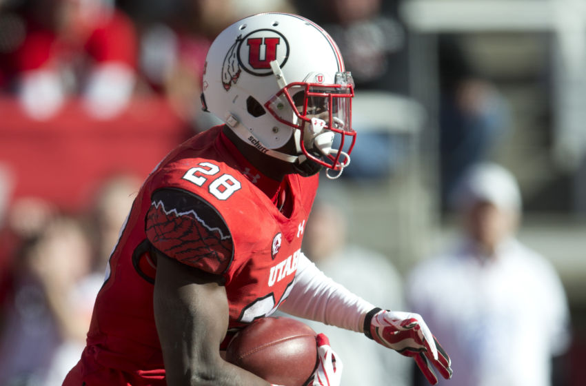 Nov 19, 2016; Salt Lake City, UT, USA; Utah Utes running back Joe Williams (28) runs with the ball during the first half against the Oregon Ducks at Rice-Eccles Stadium. Mandatory Credit: Russ Isabella-USA TODAY Sports