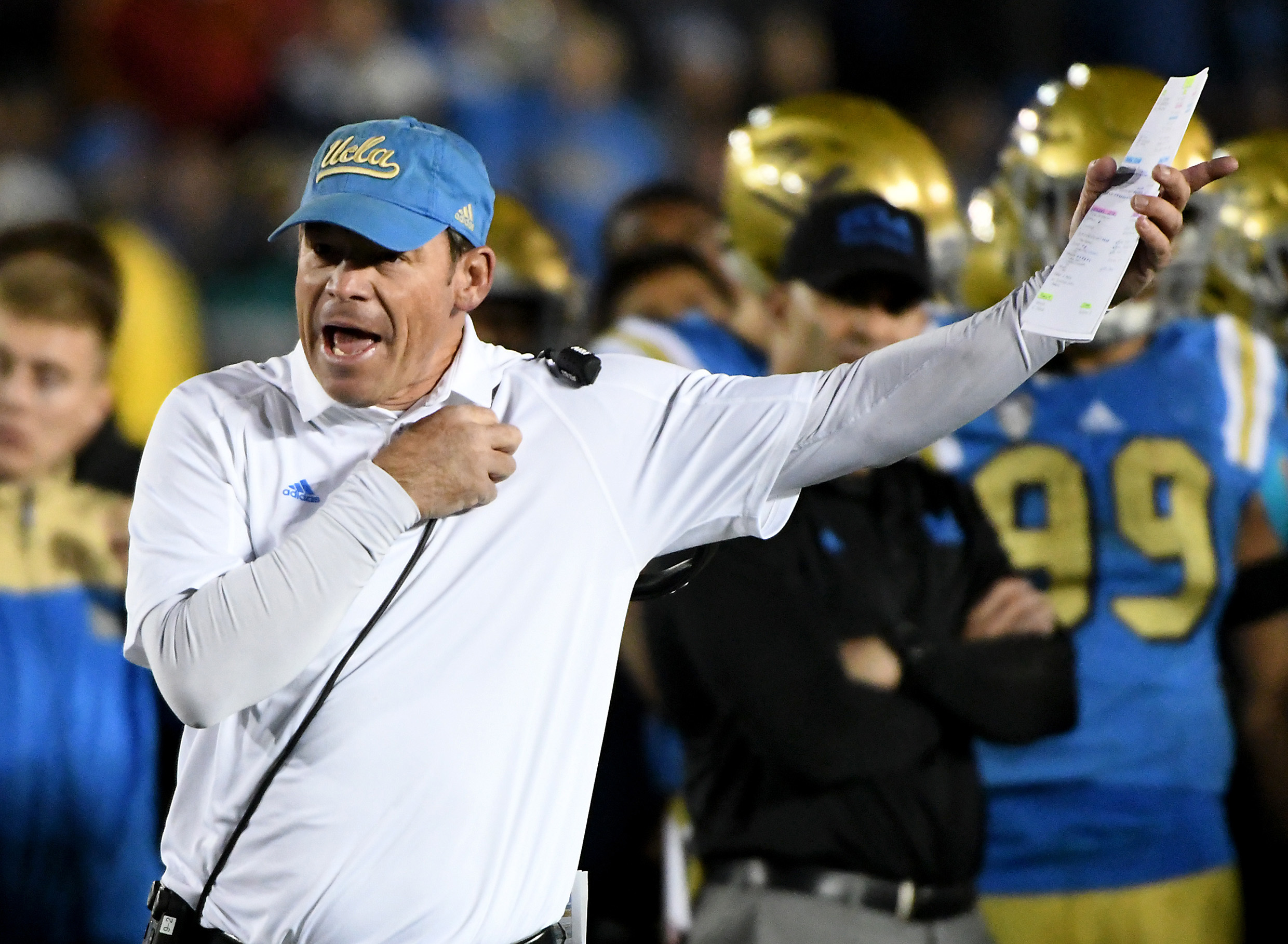 Nov 19, 2016; Pasadena, CA, USA; UCLA Bruins head coach Jim Mora reacts in the second half of the game against the USC Trojans at the Rose Bowl. USC won 36-14. Mandatory Credit: Jayne Kamin-Oncea-USA TODAY Sports