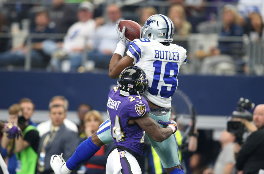 Nov 20, 2016; Arlington, TX, USA; Dallas Cowboys receiver Brice Butler (19) makes a catch in the second quarter against Baltimore Ravens cornerback Shareece Wright (24) at AT&T Stadium. Mandatory Credit: Matthew Emmons-USA TODAY Sports