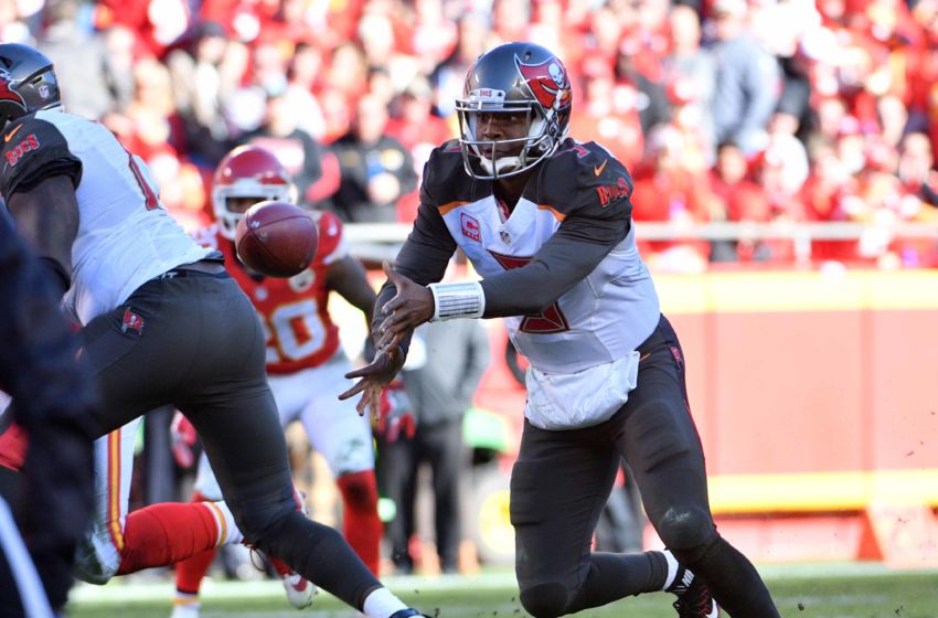 Nov 20, 2016; Kansas City, MO, USA; Tampa Bay Buccaneers quarterback Jameis Winston (3) pitches out the football during the second half against the Kansas City Chiefs at Arrowhead Stadium. Tampa Bay won 19-17. Mandatory Credit: Denny Medley-USA TODAY Sports
