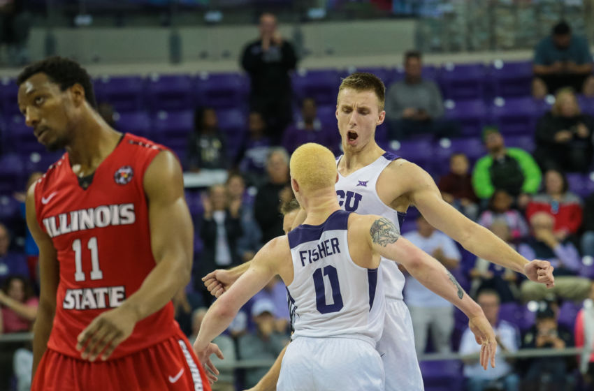 Nov 21, 2016; Fort Worth, TX, USA; TCU Horned Frogs forward Vladimir Brodziansky (10) and guard Jaylen Fisher react after a foul is made against Illinois State Redbirds in the second half at Ed and Rae Schollmaier Arena. Mandatory Credit: Sean Pokorny-USA TODAY Sports