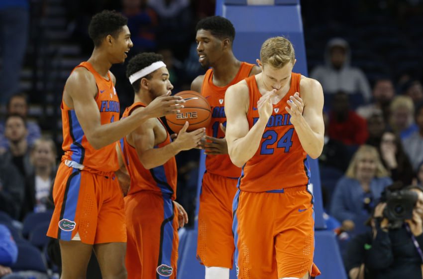 Nov 21, 2016; Tampa, FL, USA; Florida Gators guard Canyon Barry (24) reacts and claps during the second half against the Belmont Bruins at Amalie Arena. Florida Gators defeated the Belmont Bruins 78-61. Mandatory Credit: Kim Klement-USA TODAY Sports