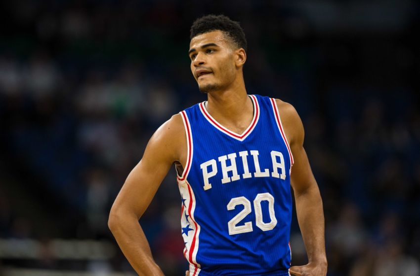 Nov 17, 2016; Minneapolis, MN, USA; Philadelphia 76ers guard Timothe Luwawu-Cabarrot (20) against the Minnesota Timberwolves at Target Center. The Timberwolves defeated the 76ers 110-86. Mandatory Credit: Brace Hemmelgarn-USA TODAY Sports