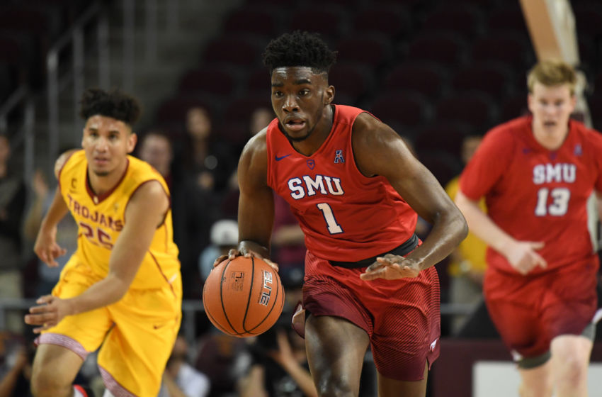 Nov 25, 2016; Los Angeles, CA, USA; SMU Mustangs guard Shake Milton (1) dribbles the ball against the Southern California Trojans during a NCAA basketball game at Galen Center. USC defeated SMU 78-73. Mandatory Credit: Kirby Lee-USA TODAY Sports