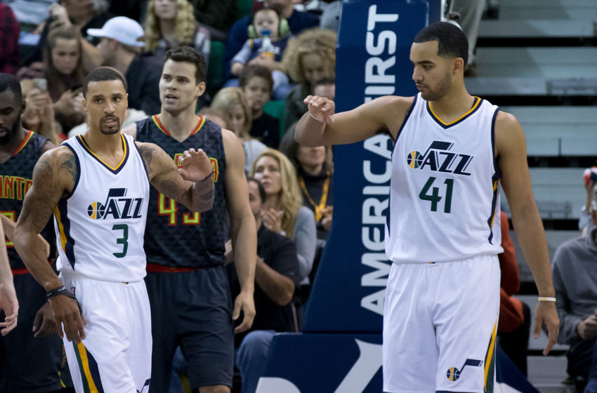 Nov 25, 2016; Salt Lake City, UT, USA; Utah Jazz guard George Hill (3) and forward Trey Lyles (41) react during the second half against the Atlanta Hawks at Vivint Smart Home Arena. The Jazz won 95-68. Mandatory Credit: Russ Isabella-USA TODAY Sports