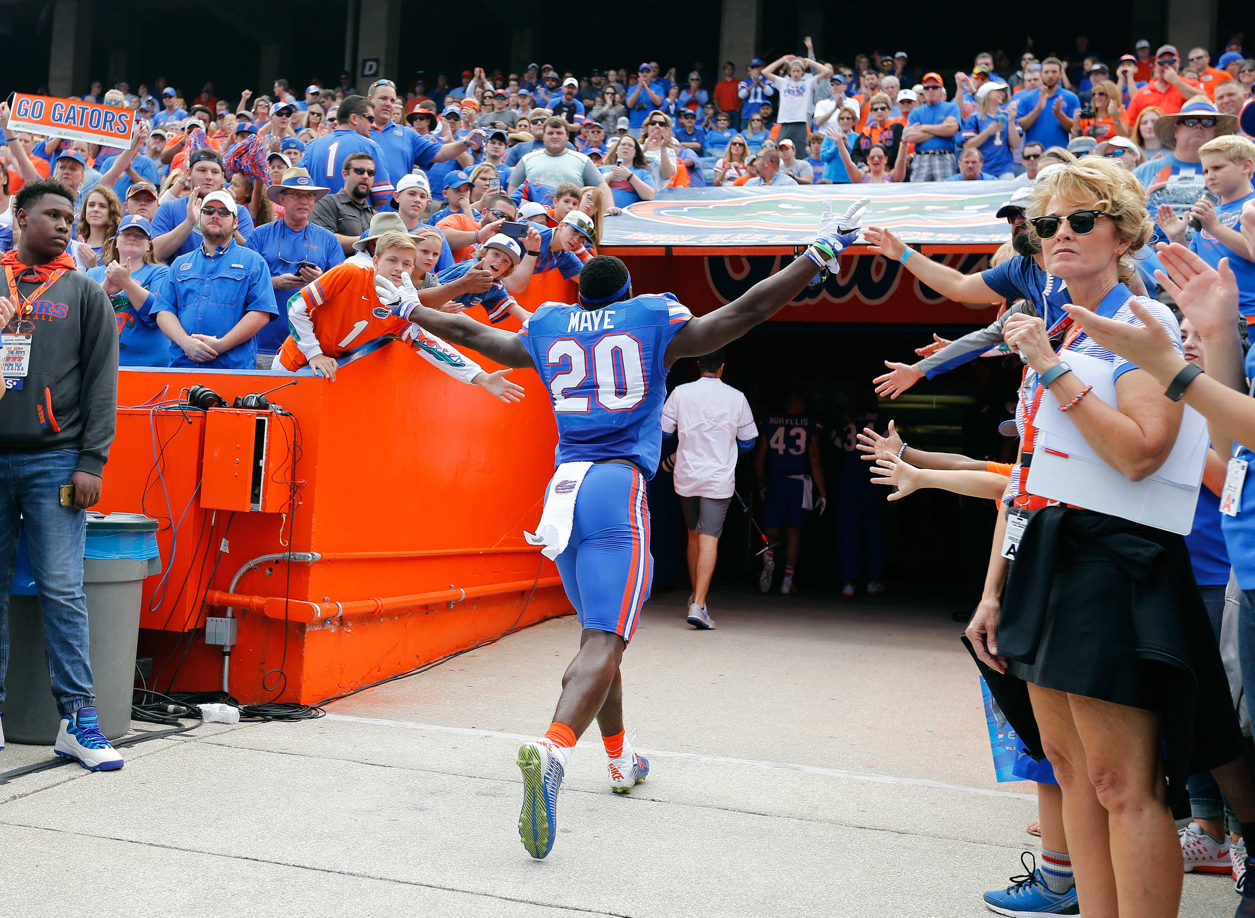 Nov 12, 2016; Gainesville, FL, USA; Florida Gators defensive back Marcus Maye (20) runs back into the tunnel before the game against the South Carolina Gamecocks at Ben Hill Griffin Stadium. Mandatory Credit: Kim Klement-USA TODAY Sports