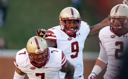 Nov 26, 2016; Winston-Salem, NC, USA; Boston College Eagles defensive back John Johnson (9) celebrates after a sack in the first quarter against the Wake Forest Demon Deacons at BB&T Field. Mandatory Credit: Jeremy Brevard-USA TODAY Sports