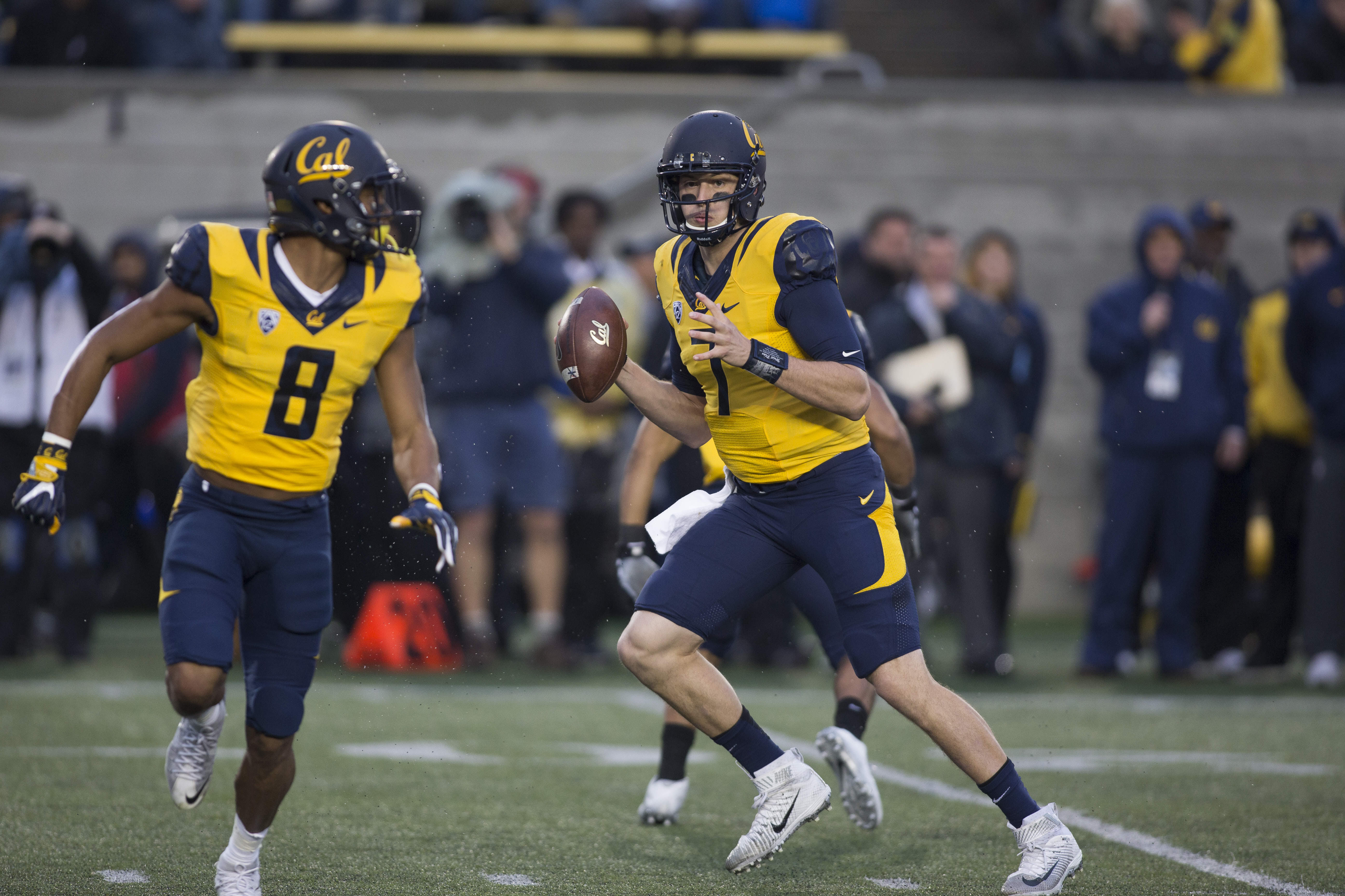 Nov 26, 2016; Berkeley, CA, USA; California Golden Bears quarterback Davis Webb (7) looks for a receiver against the UCLA Bruins during the first quarter at Memorial Stadium. Mandatory Credit: Neville E. Guard-USA TODAY Sports