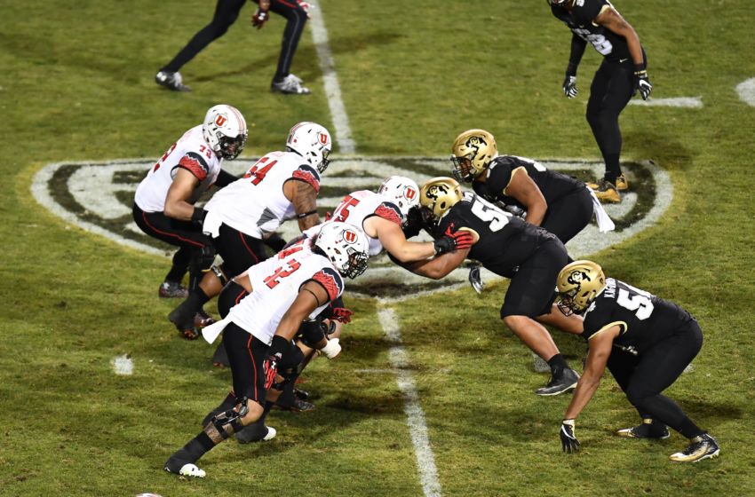 Nov 26, 2016; Boulder, CO, USA; Members of the Utah Utes line up across from the Colorado Buffaloes in the first half at Folsom Field. Mandatory Credit: Ron Chenoy-USA TODAY Sports