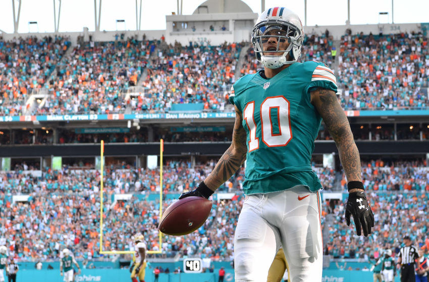 Nov 27, 2016; Miami Gardens, FL, USA; Miami Dolphins wide receiver Kenny Stills (10) celebrates after scoring a touchdown against the San Francisco 49ers during the second half at Hard Rock Stadium. The Miami Dolphins defeat the San Francisco 49ers 31-24. Mandatory Credit: Jasen Vinlove-USA TODAY Sports