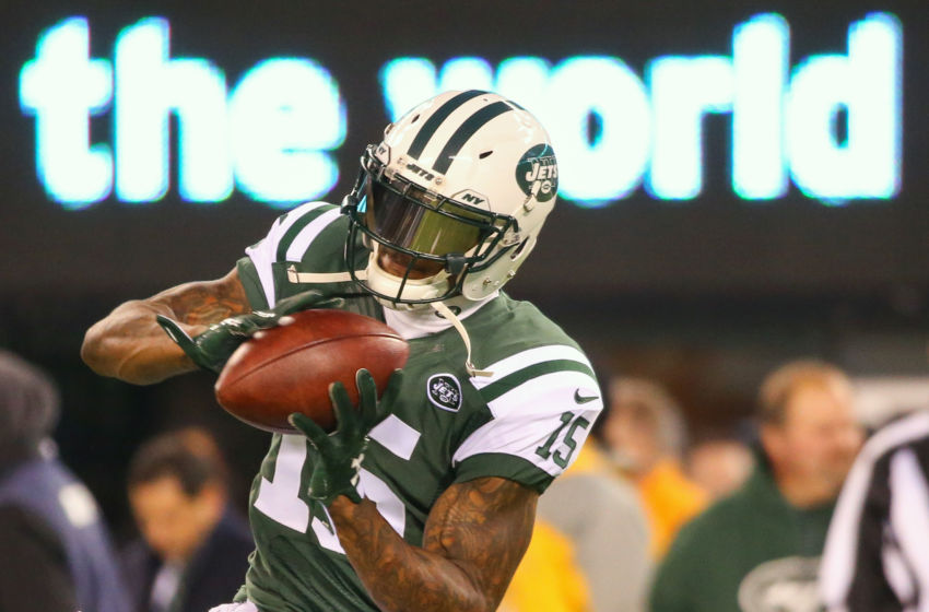 Dec 5, 2016; East Rutherford, NJ, USA; New York Jets wide receiver Brandon Marshall (15) catches a pass during the pre-game warmups for a game against the Indianapolis Colts at MetLife Stadium. Mandatory Credit: Ed Mulholland-USA TODAY Sports