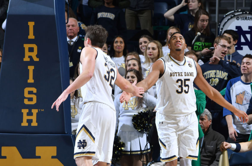 Dec 6, 2016; South Bend, IN, USA; Notre Dame Fighting Irish guard Steve Vasturia (32) and forward Bonzie Colson (35) react in the closing seconds of the second half against the IPFW Mastodons at the Purcell Pavilion. Notre Dame won 87-72. Mandatory Credit: Matt Cashore-USA TODAY Sports