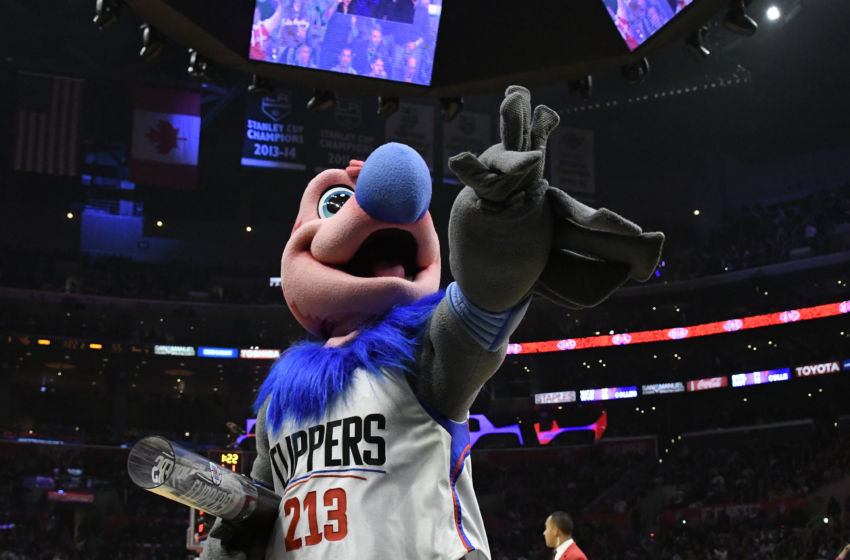 Dec 7, 2016; Los Angeles, CA, USA; The LA Clippers mascot Chuck celebrates during the second quarter against the Golden State Warriors at Staples Center. Mandatory Credit: Richard Mackson-USA TODAY Sports