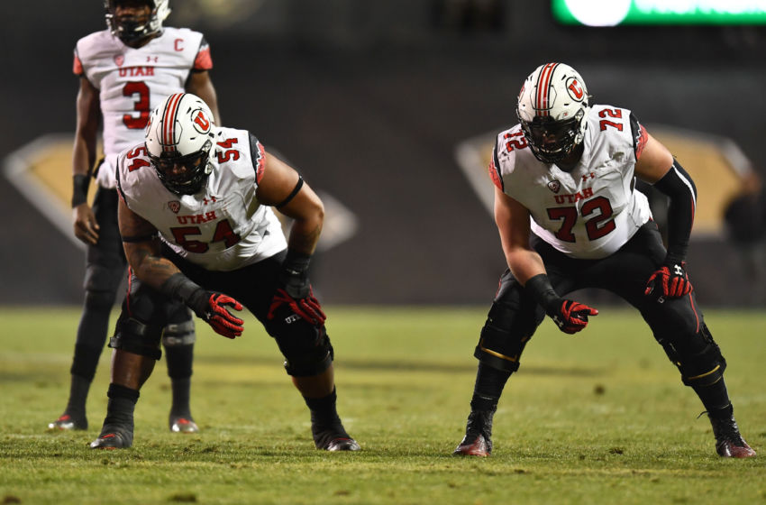 Nov 26, 2016; Boulder, CO, USA; Utah Utes offensive lineman Isaac Asiata (54) and offensive lineman Garett Bolles (72) in the first half against the Colorado Buffaloes at Folsom Field. Mandatory Credit: Ron Chenoy-USA TODAY Sports