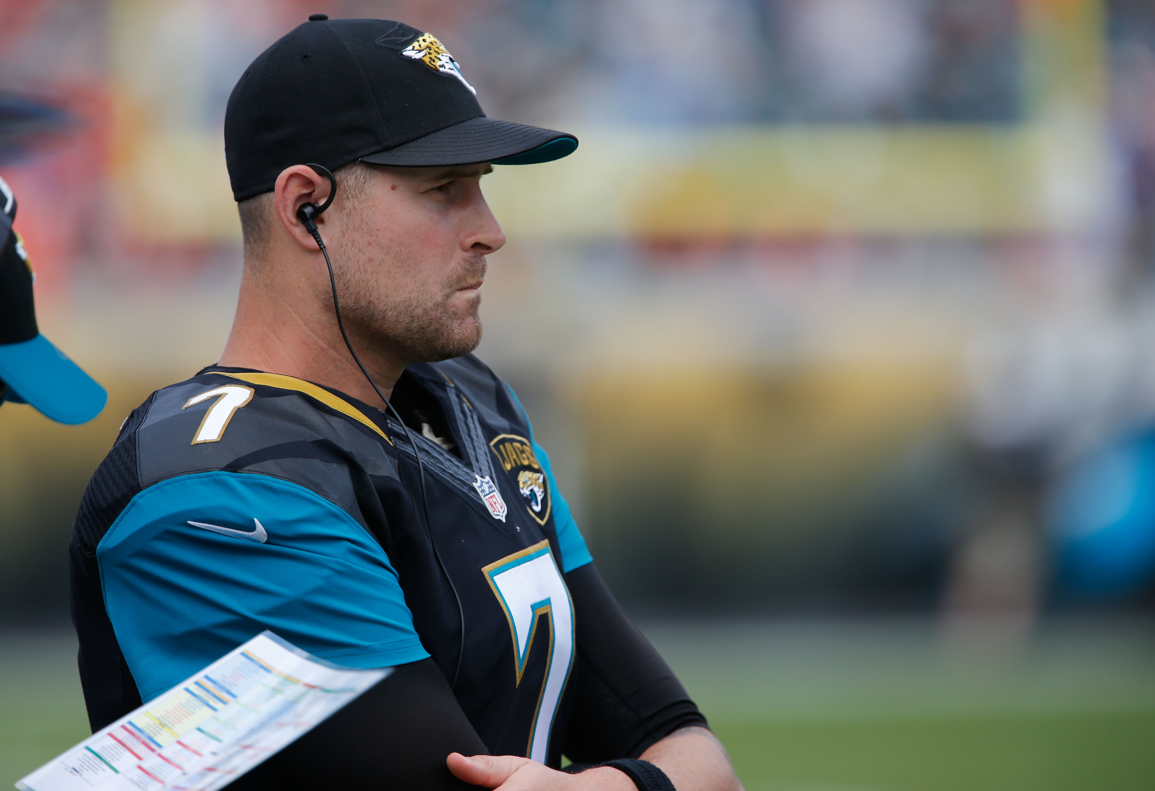 Dec 4, 2016; Jacksonville, FL, USA; Jacksonville Jaguars quarterback Chad Henne (7) watches the action during the second quarter of an NFL football game against the Denver Broncos at EverBank Field. Mandatory Credit: Reinhold Matay-USA TODAY Sports