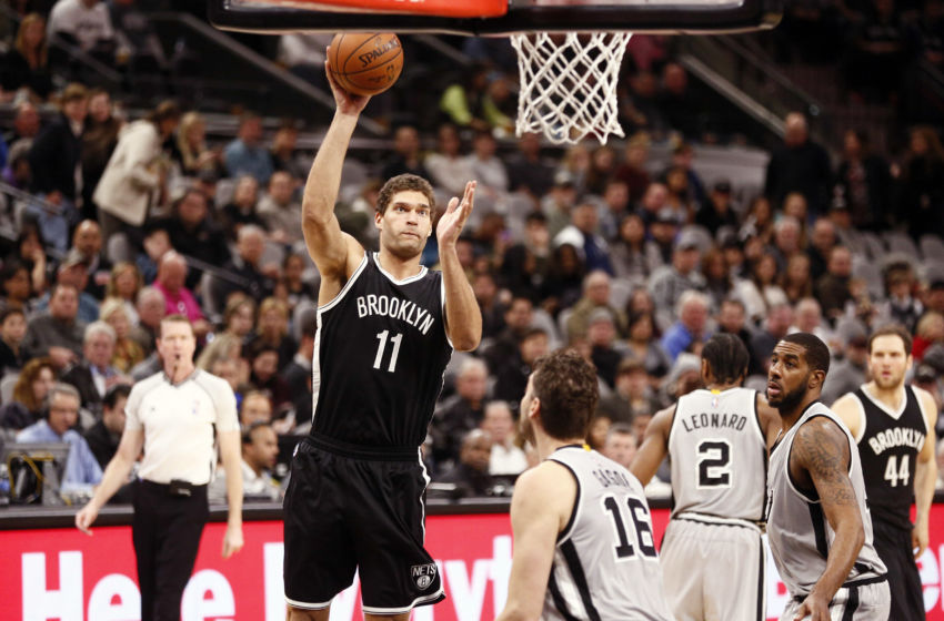 Dec 10, 2016; San Antonio, TX, USA; Brooklyn Nets center Brook Lopez (11) shoots the ball over San Antonio Spurs center Pau Gasol (16) during the first half at AT&T Center. Mandatory Credit: Soobum Im-USA TODAY Sports