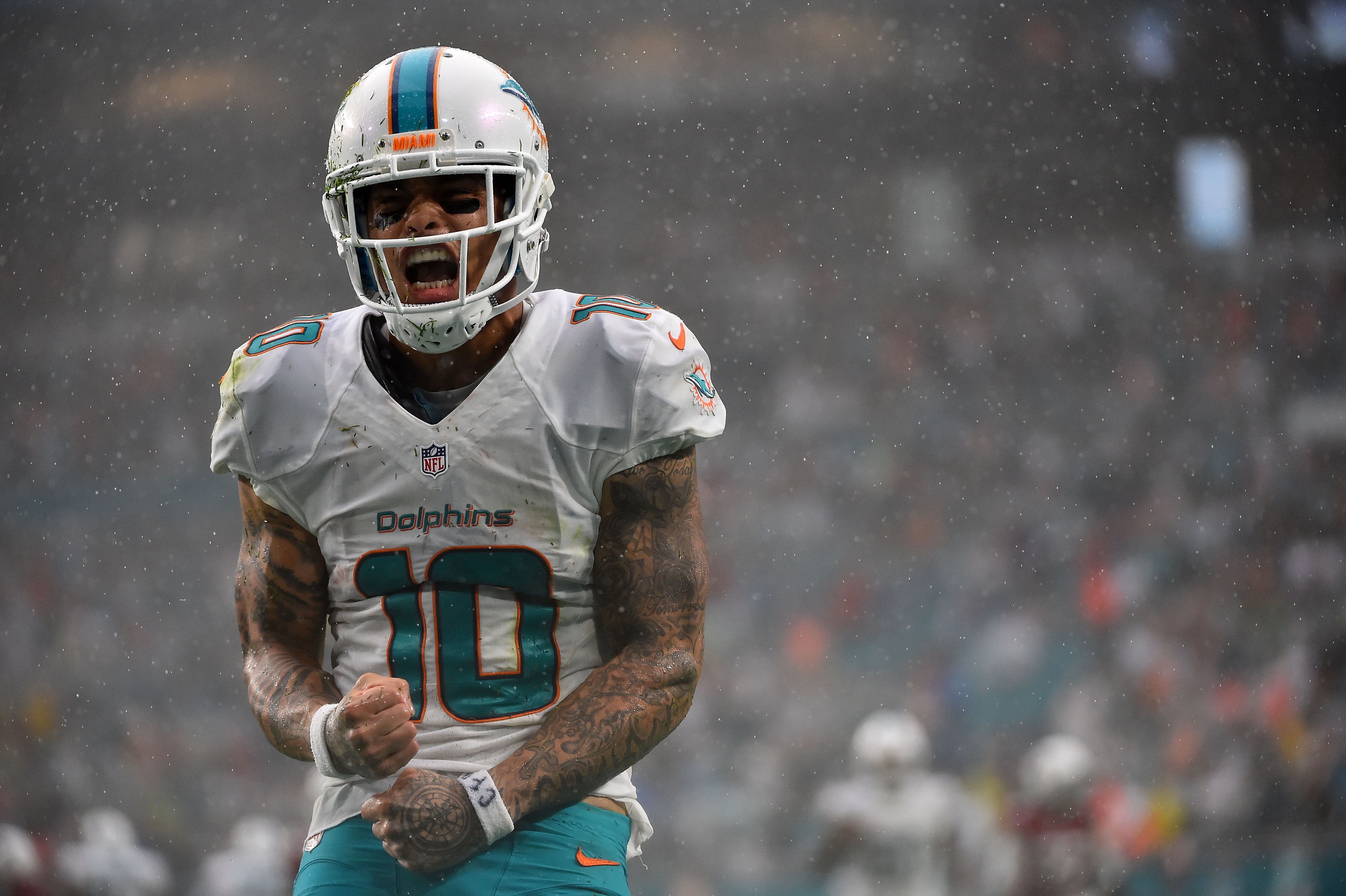 Dec 11, 2016; Miami Gardens, FL, USA; Miami Dolphins wide receiver Kenny Stills (10) celebrates after making a catch in the game against the Arizona Cardinals during the second half at Hard Rock Stadium. The Miami Dolphins defeat the Arizona Cardinals 26-23. Mandatory Credit: Jasen Vinlove-USA TODAY Sports