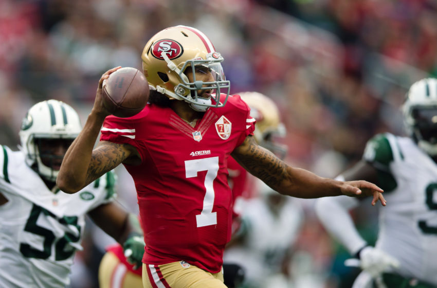 Dec 11, 2016; Santa Clara, CA, USA; San Francisco 49ers quarterback Colin Kaepernick (7) passes the ball against the New York Jets during the first quarter at Levi's Stadium. Mandatory Credit: Kelley L Cox-USA TODAY Sports