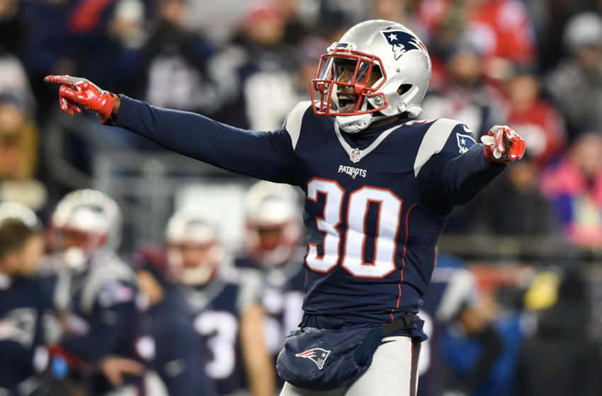 Dec 12, 2016; Foxborough, MA, USA; New England Patriots free safety Duron Harmon (30) waits for the snap against the Baltimore Ravens during the second half at Gillette Stadium. Mandatory Credit: Bob DeChiara-USA TODAY Sports