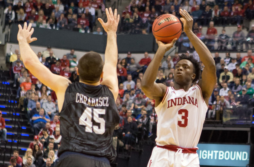 Dec 17, 2016; Indianapolis, IN, USA; Indiana Hoosiers forward OG Anunoby (3) shoots the ball while Butler Bulldogs forward Andrew Chrabascz (45) defends in the first half of the game at Bankers Life Fieldhouse. Mandatory Credit: Trevor Ruszkowski-USA TODAY Sports