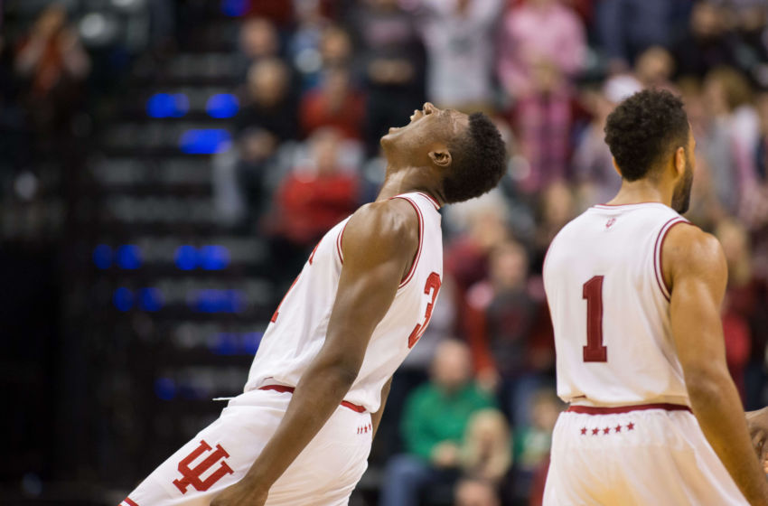 Dec 17, 2016; Indianapolis, IN, USA; Indiana Hoosiers center Thomas Bryant (31) reacts to a basket in the second half of the game against the Indiana Hoosiers at Bankers Life Fieldhouse. Butler beat Indiana 83-78. Mandatory Credit: Trevor Ruszkowski-USA TODAY Sports
