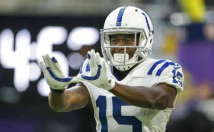 Dec 18, 2016; Minneapolis, MN, USA; Indianapolis Colts wide receiver Phillip Dorsett (15) celebrates his touchdown against the Minnesota Vikings in the fourth quarter at U.S. Bank Stadium. The Colts won 34-6. Mandatory Credit: Bruce Kluckhohn-USA TODAY Sports