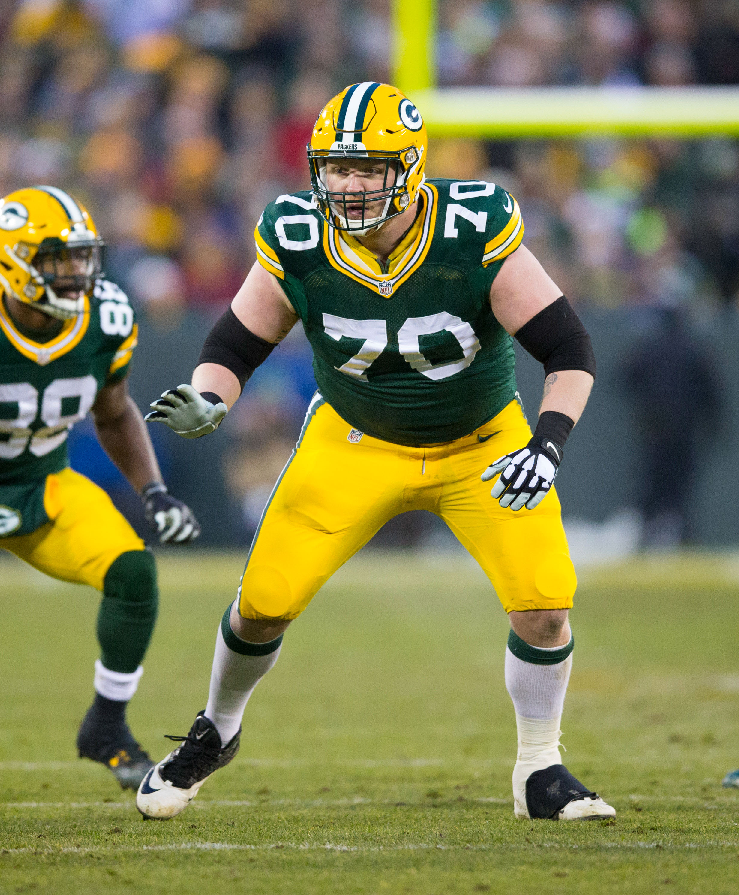 Dec 11, 2016; Green Bay, WI, USA; Green Bay Packers guard T.J. Lang (70) during the game against the Seattle Seahawks at Lambeau Field. Green Bay won 38-10. Mandatory Credit: Jeff Hanisch-USA TODAY Sports