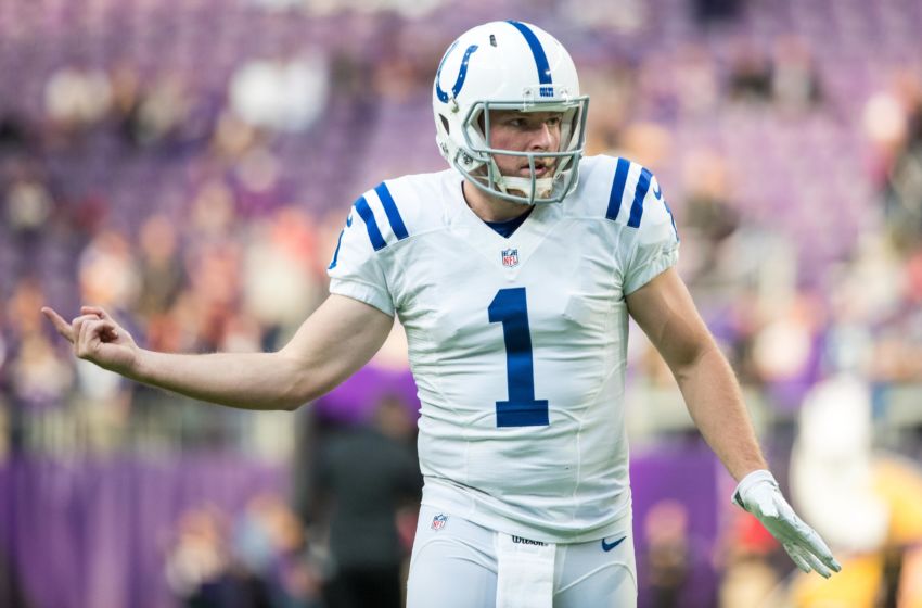 Dec 18, 2016; Minneapolis, MN, USA; Indianapolis Colts punter Pat McAfee (1) against the Minnesota Vikings at U.S. Bank Stadium. The Colts defeated the Vikings 34-6. Mandatory Credit: Brace Hemmelgarn-USA TODAY Sports