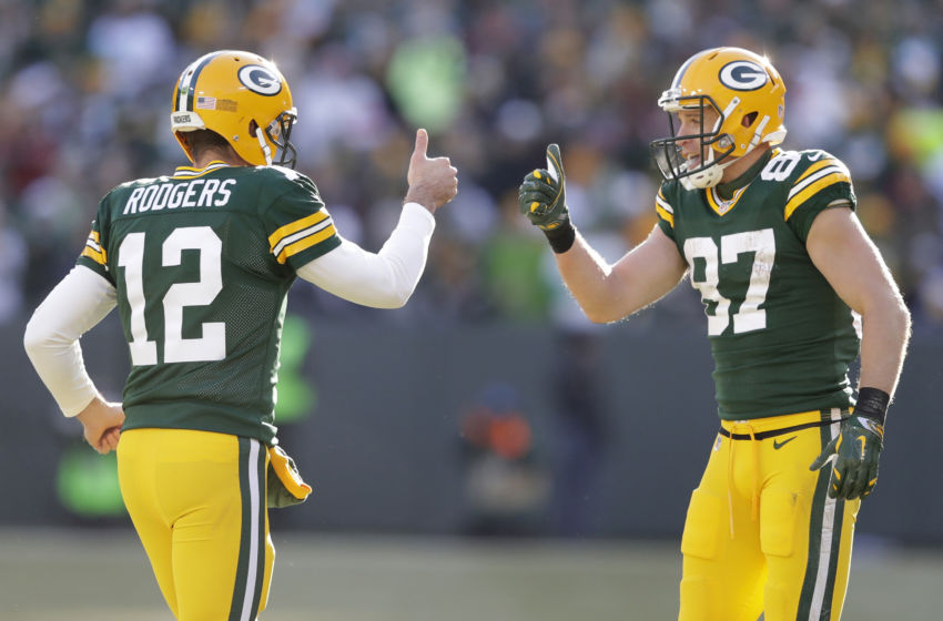 Dec 24, 2016; Green Bay, WI, USA; Green Bay Packers quarterback Aaron Rodgers (12) and wide receiver Jordy Nelson (87) celebrate their touchdown connection in the second quarter against the Minnesota Vikings at Lambeau Field. Mandatory Credit: Dan Powers/USA TODAY NETWORK-Wisconsin via USA TODAY Sports