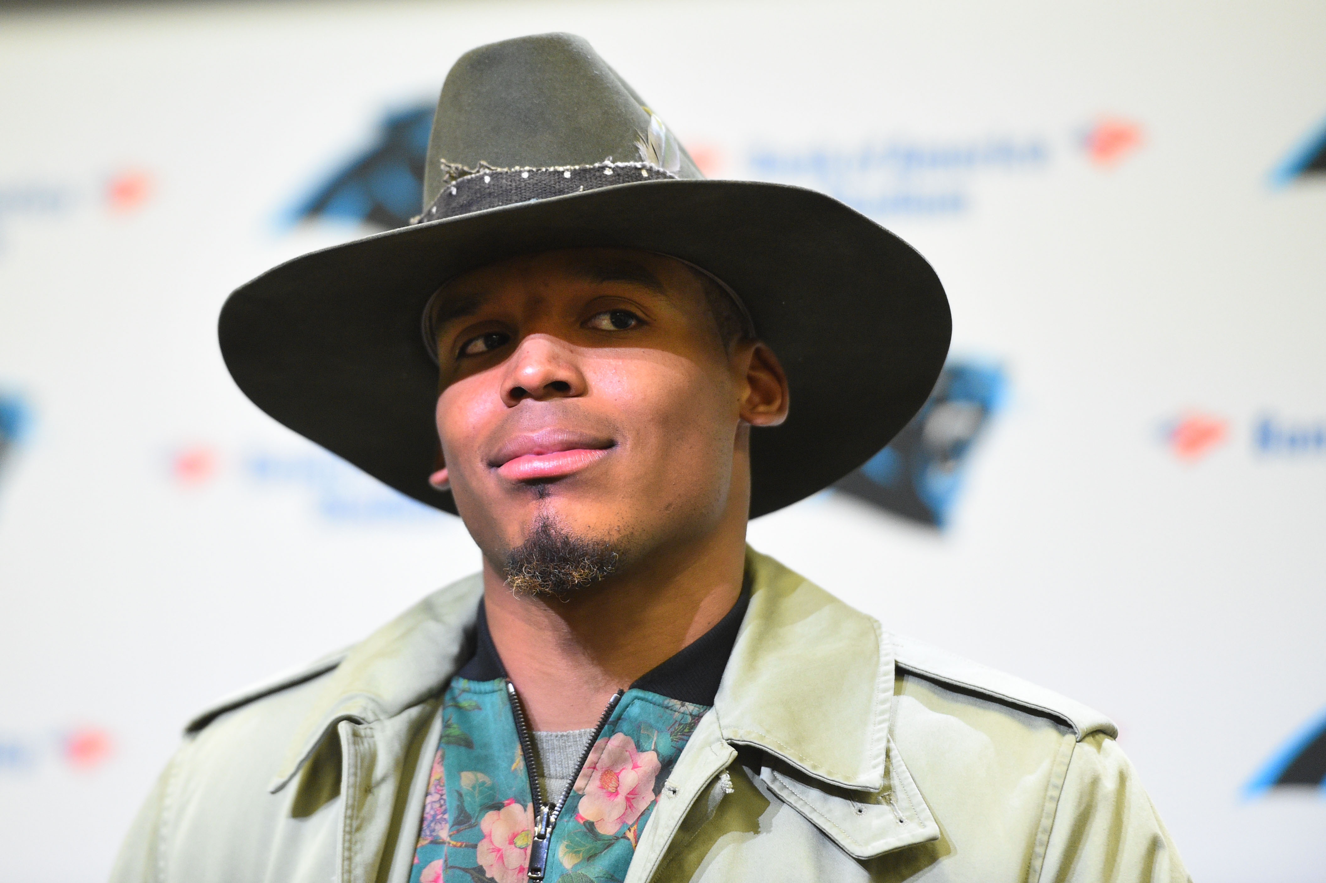 Dec 24, 2016; Charlotte, NC, USA; Carolina Panthers quarterback Cam Newton (1) at the press conference after the game. The Falcons defeated the Panthers 33-16 at Bank of America Stadium. Mandatory Credit: Bob Donnan-USA TODAY Sports