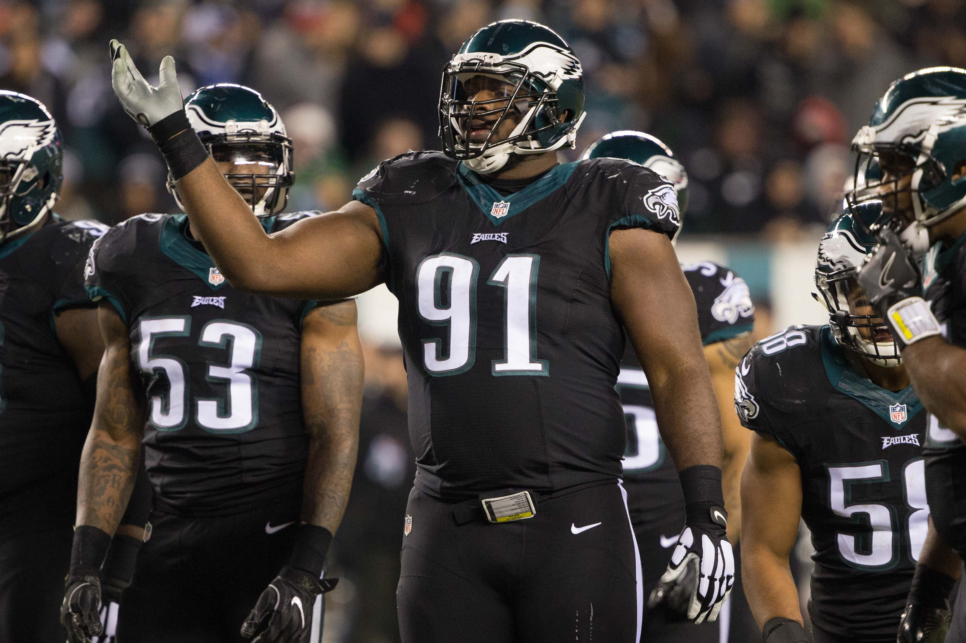 Dec 22, 2016; Philadelphia, PA, USA; Philadelphia Eagles defensive tackle Fletcher Cox (91) against the New York Giants during the third quarter at Lincoln Financial Field. The Philadelphia Eagles won 24-19. Mandatory Credit: Bill Streicher-USA TODAY Sports