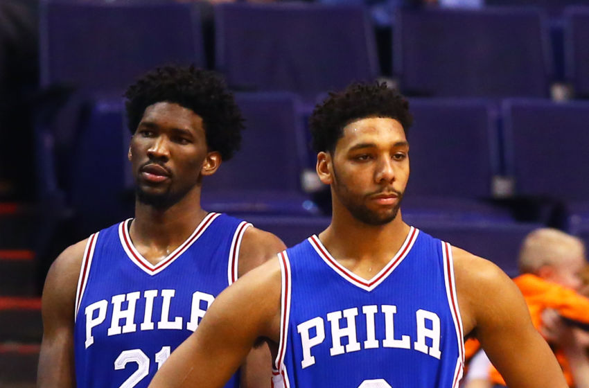 Dec 23, 2016; Phoenix, AZ, USA; Philadelphia 76ers center Jahlil Okafor (8) and center Joel Embiid (21) against the Phoenix Suns at Talking Stick Resort Arena. The Suns defeated the 76ers 123-116. Mandatory Credit: Mark J. Rebilas-USA TODAY Sports