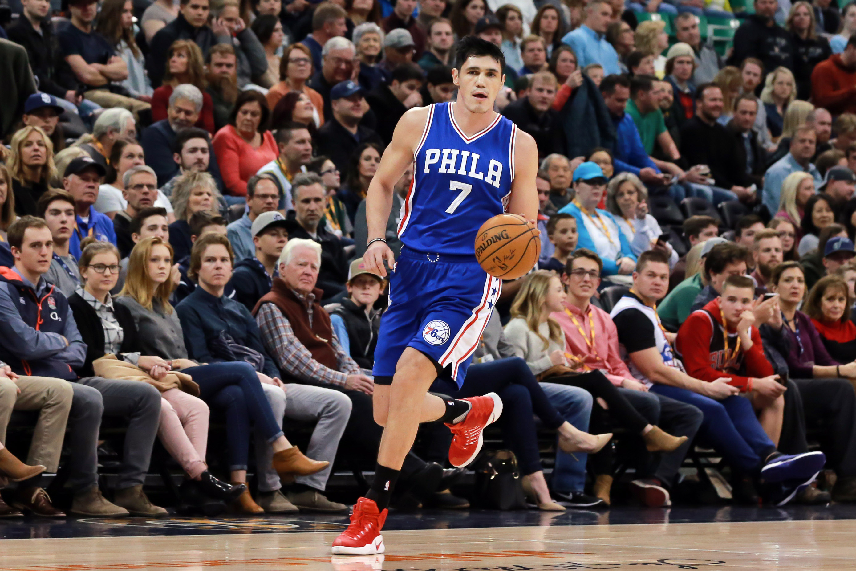 Dec 29, 2016; Salt Lake City, UT, USA; Philadelphia 76ers forward Ersan Ilyasova (7) brings the ball up the court against the Utah Jazz during the first quarter at Vivint Smart Home Arena. Mandatory Credit: Chris Nicoll-USA TODAY Sports