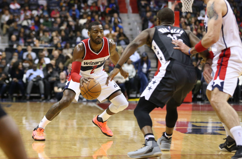 Dec 30, 2016; Washington, DC, USA; Washington Wizards guard John Wall (2) dribbles the ball as Brooklyn Nets guard Isaiah Whitehead (15) in the second quarter at Verizon Center. Mandatory Credit: Geoff Burke-USA TODAY Sports