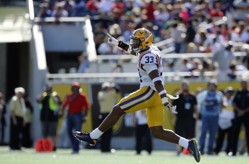 Dec 31, 2016; Orlando, FL, USA; LSU Tigers safety Jamal Adams (33) reacts after they they stopped Louisville Cardinals on 4th down during the second half at Camping World Stadium. LSU Tigers defeated the Louisville Cardinals 29-9. Mandatory Credit: Kim Klement-USA TODAY Sports
