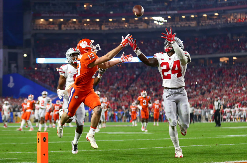 December 31, 2016; Glendale, AZ, USA; Ohio State Buckeyes safety Malik Hooker (24) intercepts a pass intended for Clemson Tigers wide receiver Hunter Renfrow (13) during the first half of the the 2016 CFP semifinal at University of Phoenix Stadium. Mandatory Credit: Mark J. Rebilas-USA TODAY Sports