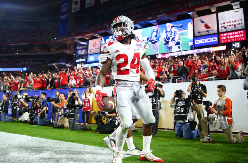 December 31, 2016; Glendale, AZ, USA; Ohio State Buckeyes safety Malik Hooker (24) celebrates after intercepting a pass against the Clemson Tigers during the first half of the the 2016 CFP semifinal at University of Phoenix Stadium. Mandatory Credit: Mark J. Rebilas-USA TODAY Sports