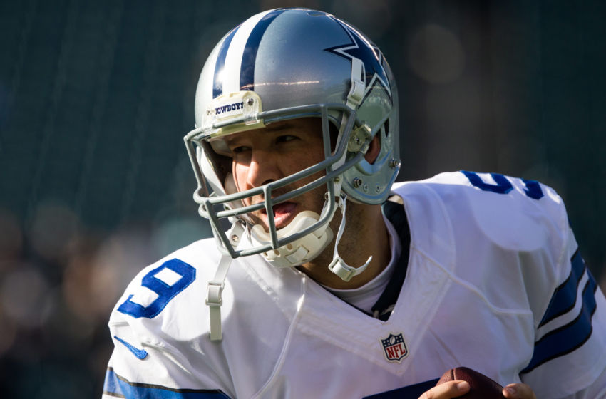 Jan 1, 2017; Philadelphia, PA, USA; Dallas Cowboys quarterback Tony Romo (9) warms up before action against the Philadelphia Eagles at Lincoln Financial Field. Mandatory Credit: Bill Streicher-USA TODAY Sports