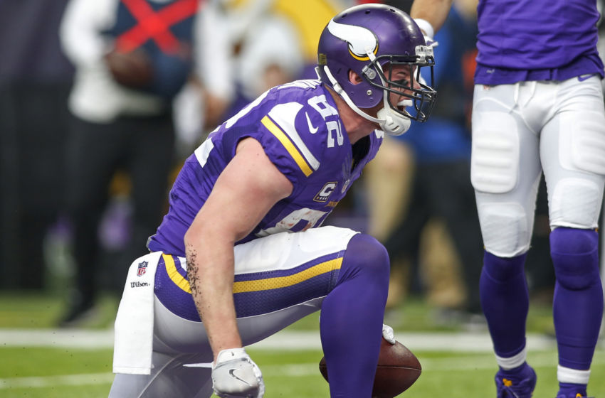 Jan 1, 2017; Minneapolis, MN, USA; Minnesota Vikings tight end Kyle Rudolph (82)celebrates his touchdown catch against the Chicago Bears in the second quarter at U.S. Bank Stadium. The touchdown set a team record for touchdown receptions by a tight end in a season. The Vikings win 38-10. Mandatory Credit: Bruce Kluckhohn-USA TODAY Sports