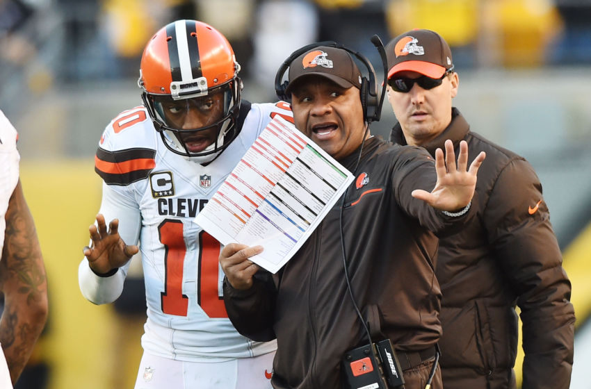 Jan 1, 2017; Pittsburgh, PA, USA; Cleveland Browns head coach Hue Jackson talks with quarterback Robert Griffin III (10) during the second half against the Pittsburgh Steelers at Heinz Field. The Steelers won 27-24 in overtime. Mandatory Credit: Ken Blaze-USA TODAY Sports