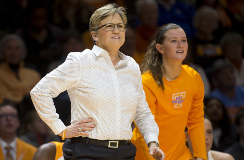 Jan 1, 2017; Knoxville, TN, USA; Tennessee head coach Holly Warlick (left) and guard Alexa Middleton , right, watches from the sidelines during the second half against Kentucky at Thompson-Boling Arena. Tennessee defeated Kentucky 72-65. Mandatory Credit: Brianna Paciorka/Knoxville News Sentinel via USA TODAY NETWORK