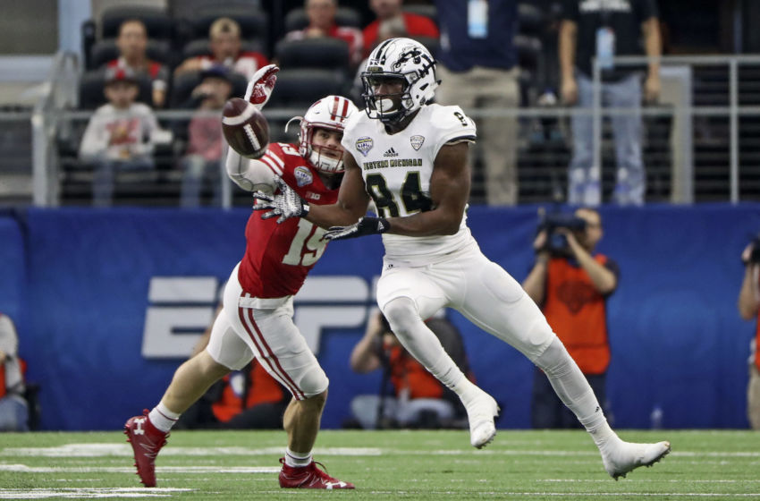 Jan 2, 2017; Arlington, TX, USA; Western Michigan Broncos wide receiver Corey Davis (84) catches a pass in front of Wisconsin Badgers safety Leo Musso (19) during the first half in the 2017 Cotton Bowl at AT&T Stadium. Mandatory Credit: Kevin Jairaj-USA TODAY Sports
