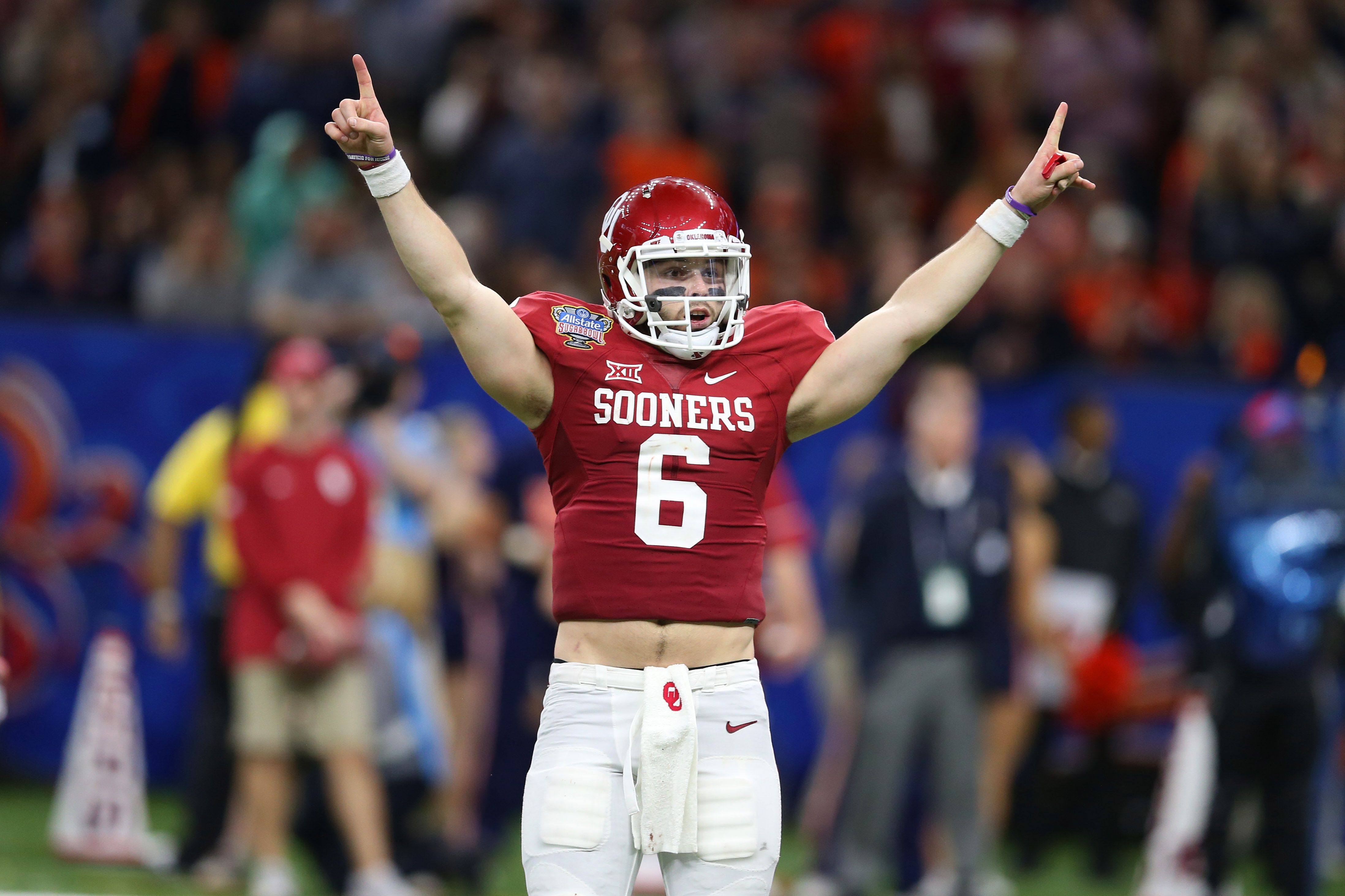 Jan 2, 2017; New Orleans , LA, USA; Oklahoma Sooners quarterback Baker Mayfield (6) reacts after a Sooners touchdown against the Auburn Tigers in the third quarter of the 2017 Sugar Bowl at the Mercedes-Benz Superdome. Mandatory Credit: Chuck Cook-USA TODAY Sports