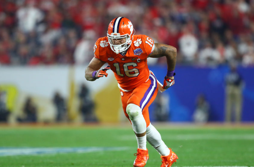 December 31, 2016; Glendale, AZ, USA; Clemson Tigers tight end Jordan Leggett (16) against the Ohio State Buckeyes in the 2016 CFP semifinal at University of Phoenix Stadium. Mandatory Credit: Mark J. Rebilas-USA TODAY Sports