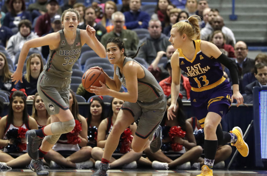 Jan 4, 2017; Hartford, CT, USA; Connecticut Huskies guard Kia Nurse (11) returns the ball against East Carolina Pirates guard/forward Fanni Csutoras (13) in the first half at XL Center. UConn defeated East Carolina 90-45. Mandatory Credit: David Butler II-USA TODAY Sports